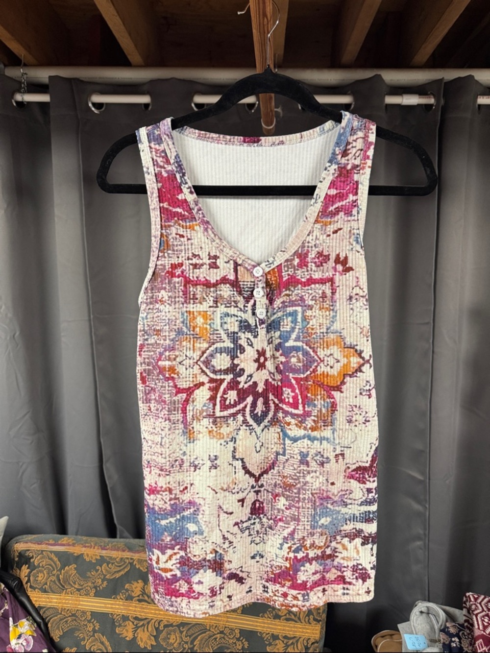 Floral Mosaic Ribbed Tank Top - Pink, Blue & Orange